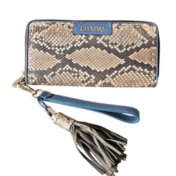 Cuadra Sky Blue Phyton Wristlet Wallet Clotch - Picture 1 of 5